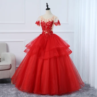 Elegante Rode Galajurken 2020 Baljurk Ronde Hals Kralen Rhinestone Appliques Kant Bloem Korte Mouwen Ruglooze Lange Gala Gelegenheid Jurken