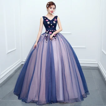 Traditionnel Bleu Marine Robe De Bal 2020 Robe Boule V Cou Perlage Appliques En Dentelle Fleur Sans Manches Dos Nu Longue Robe De Ceremonie