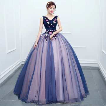 Traditionell Marineblau Ballkleider 2020 Ballkleid V Ausschnitt Perlenstickerei Applikationen Spitze Blumen Ärmellos Rückenfreies Lange Festliche Kleider