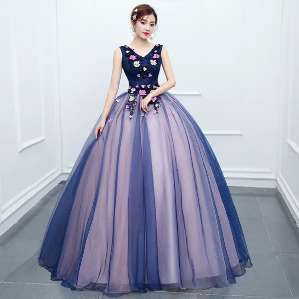 Traditional Navy Blue Prom Dresses 2020 Ball Gown V-Neck Beading Appliques Lace Flower Sleeveless Backless Floor-Length / Long Formal Dresses