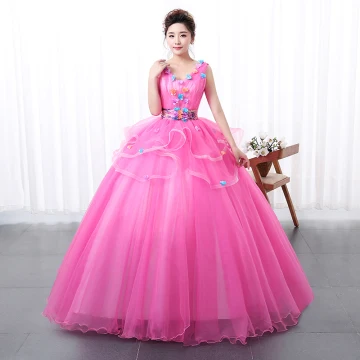 Flower Fairy Fuchsia Prom Dresses 2020 Ball Gown V Neck Appliques Sleeveless Backless Floor Length Long Formal Dresses