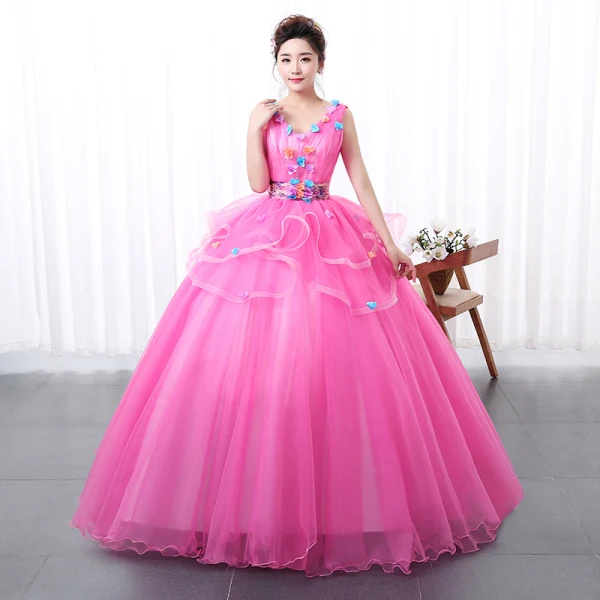 Flower Fairy Fuchsia Prom Dresses 2020 Ball Gown V-Neck Appliques Sleeveless Backless Floor-Length / Long Formal Dresses