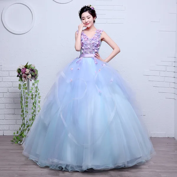Charming Flower Fairy Sky Blue Prom Dresses 2020 Ball Gown V-Neck Pearl Lace Flower Appliques Sleeveless Backless Cascading Ruffles Floor-Length / Long