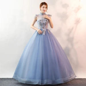 Elegant Sky Blue Prom Dresses 2020 Ball Gown High Neck Pearl Lace Flower Sleeveless Backless Floor Length Long Formal Dresses
