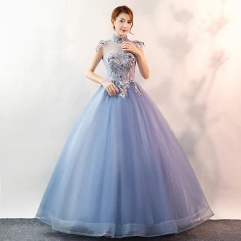 Élégant Bleu Ciel Robe De Bal 2020 Robe Boule Col Haut Perle En Dentelle Fleur Sans Manches Dos Nu Longue Robe De Ceremonie