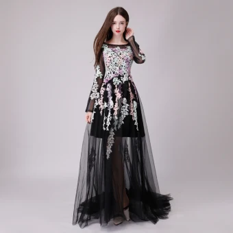 Chic Beautiful Black Evening Dresses 2018 A Line Princess See Through Lace Appliques Scoop Neck Long Sleeve Floor Length Long Formal Dresses