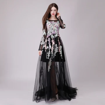 Chic Belle Noire Robe De Soirée 2018 Princesse Transparentes En Dentelle Appliques Encolure Dégagée Manches Longues Longue Robe De Ceremonie
