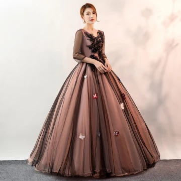 Elegant Black Prom Dresses 2020 Ball Gown V Neck Butterfly Appliques Lace Flower 3 4 Sleeve Backless Floor Length Long Formal Dresses