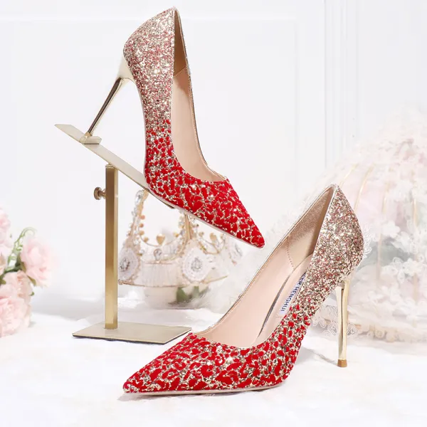 Brillante Encantador Oro Rojo Degradado De Color Zapatos de novia 2020 Glitter Lentejuelas 10 cm Stilettos / Tacones De Aguja Punta Estrecha Boda Tacones