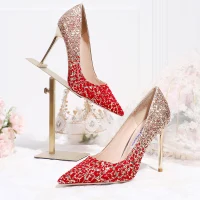 Scintillantes Charmant Doré Rouge Dégradé De Couleur Chaussure De Mariée 2020 Glitter Paillettes 10 cm Talons Aiguilles À Bout Pointu Mariage Escarpins