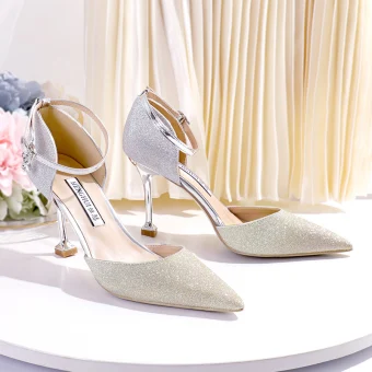 Scintillantes Dégradé De Couleur Doré Chaussure De Mariée 2020 Paillettes Bride Cheville 8 Cm Talons Aiguilles À Bout Pointu Mariage Talons
