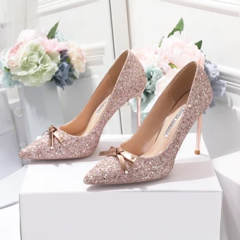Scintillantes Champagne Chaussure De Mariée 2020 Noeud Paillettes 10 Cm Talons Aiguilles À Bout Pointu Mariage Escarpins