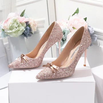 Scintillantes Champagne Chaussure De Mariée 2020 Noeud Paillettes 10 Cm Talons Aiguilles À Bout Pointu Mariage Escarpins