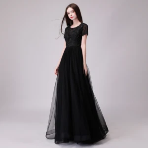 Chic Beautiful Black Evening Dresses 2018 A Line Princess Lace Appliques Sequins Scoop Neck Backless Short Sleeve Floor Length Long Formal Dresses