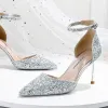 Scintillantes Argenté Chaussure De Mariée 2020 Bride Cheville Paillettes 8 cm Talons Aiguilles À Bout Pointu Mariage Talons