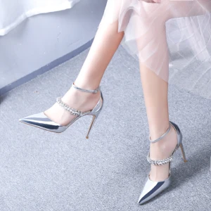 Charming Silver Evening Party Leather Womens Shoes 2020 Patent Leather Rhinestone Ankle Strap 10 Cm Stiletto Heels Pointed Toe Heels