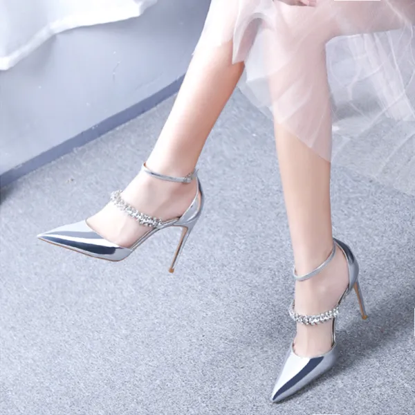 Charming Silver Evening Party Leather Womens Shoes 2020 Patent Leather Rhinestone Ankle Strap 10 cm Stiletto Heels Pointed Toe Heels