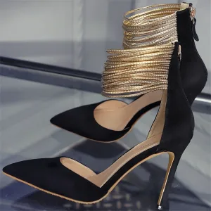 Mode Soirée Cuir Noire Chaussures Femmes 2020 Daim Doré Bride Cheville 10 Cm Talons Aiguilles À Bout Pointu Escarpins