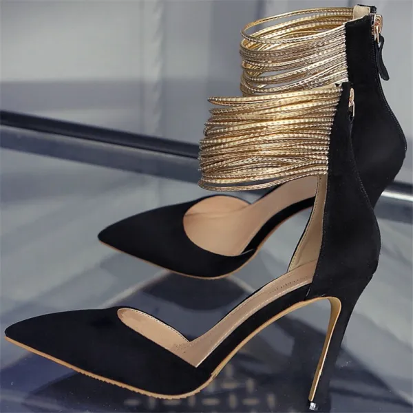 Mode Soirée Cuir Noire Chaussures Femmes 2020 Daim Doré Bride Cheville 10 cm Talons Aiguilles À Bout Pointu Escarpins