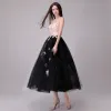 Schöne Schwarz Rosa Abendkleider 2018 A Linie Mit Spitze Applikationen Perle Herz-Ausschnitt Rückenfreies Ärmellos Wadenlang Festliche Kleider