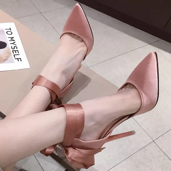 Modest / Simple Nude Street Wear Womens Shoes 2020 Ankle Strap Bow 11 cm Stiletto Heels Pointed Toe Heels
