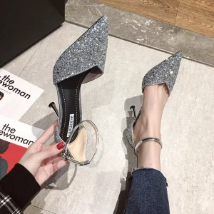 Sparkly Silver Evening Party Womens Shoes 2020 Sequins Ankle Strap 10 Cm Stiletto Heels Pointed Toe Heels