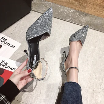Błyszczące Srebrny Wieczorowe Buty Damskie 2020 Cekiny Z Paskiem 10 Cm Szpilki Szpiczaste Na Obcasie
