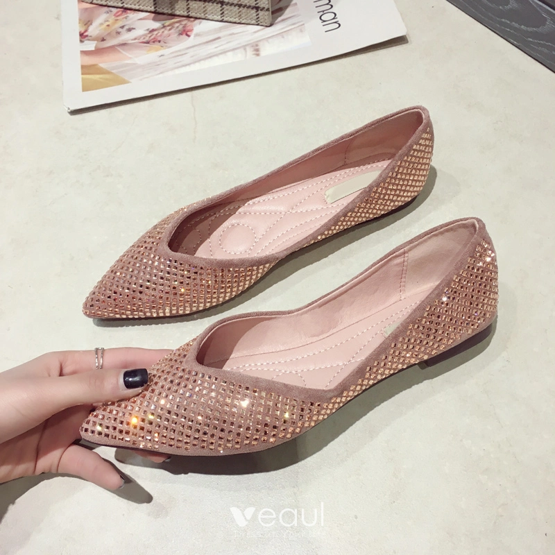 Affordable Nude Casual Rhinestone Flat Womens Shoes 2020 Pointed Toe