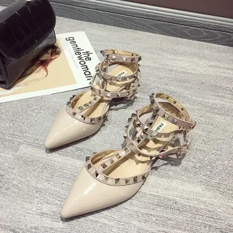 Fashion Beige Street Wear Rivet Womens Sandals 2020 Ankle Strap 4 Cm Thick Heels Pointed Toe Low Heel Sandals