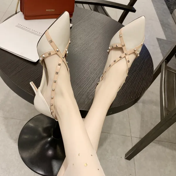 Fashion Beige Street Wear Rivet Womens Shoes 2020 X-Strap 6 cm Stiletto Heels Pointed Toe Heels