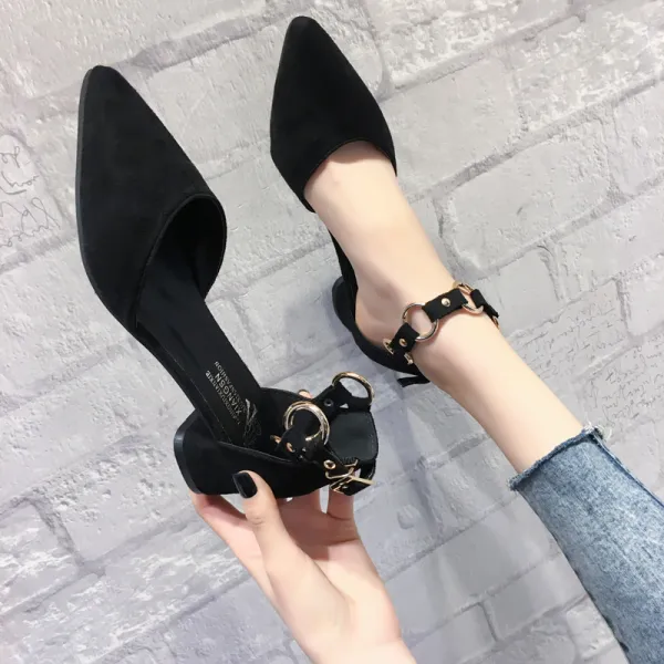 Affordable Black Casual Low Heel Womens Sandals 2020 Suede Ankle Strap 3 cm Thick Heels Pointed Toe Sandals