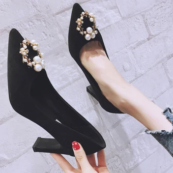Chic Belle Noire Vêtement De Rue Escarpins 2020 Perle Faux Diamant 8 Cm Talons Aiguilles À Bout Pointu Escarpins