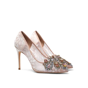 Charming Champagne Lace Rhinestone Wedding Shoes 2020 10 Cm Stiletto Heels Pointed Toe Wedding Pumps
