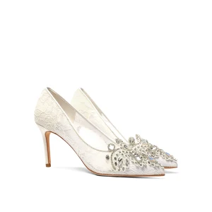 Classy Ivory Lace Rhinestone Wedding Shoes 2020 8 Cm Stiletto Heels Pointed Toe Wedding Pumps