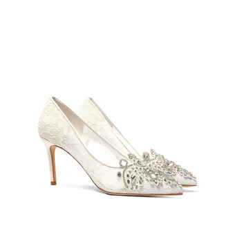 Chic Ivoire Dentelle Faux Diamant Chaussure De Mariée 2020 8 Cm Talons Aiguilles À Bout Pointu Mariage Escarpins