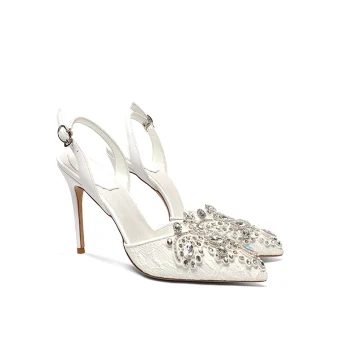Charmant Ivoire Dentelle Faux Diamant Chaussure De Mariée 2020 Bride Cheville 10 Cm Talons Aiguilles À Bout Pointu Mariage Talons