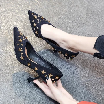 Mode Noire Soirée Escarpins 2020 Étoile Faux Diamant 5 Cm Talons Aiguilles À Bout Pointu Escarpins