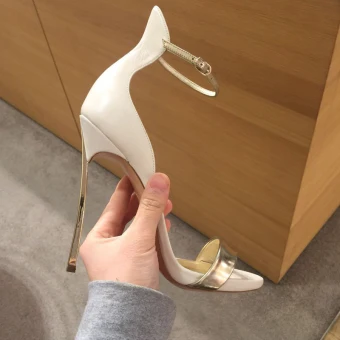 Sexy Beige Evening Party Leather Womens Sandals 2020 Ankle Strap 10 Cm Stiletto Heels Open Peep Toe Sandals