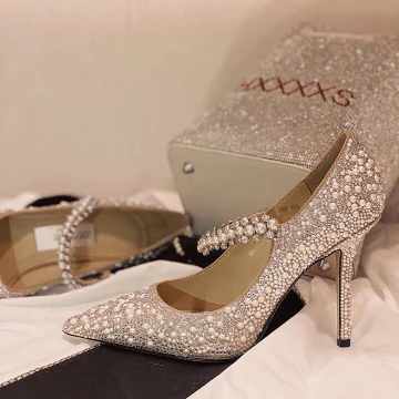 Glittrande Silver Paljetter Brudskor 2020 Läder Pärla 9 Cm Stilettklackar Spetsiga Bröllop Pumps