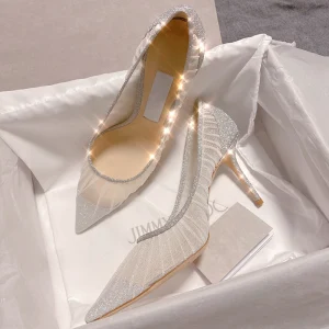 Charmant Argenté Paillettes Chaussure De Mariée 2020 En Dentelle 9 Cm Talons Aiguilles À Bout Pointu Mariage Escarpins