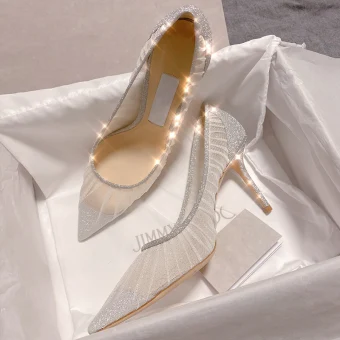 Charming Silver Sequins Wedding Shoes 2020 Lace 9 Cm Stiletto Heels Pointed Toe Wedding Pumps