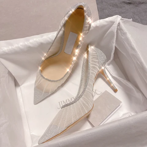 Charming Silver Sequins Wedding Shoes 2020 Lace 9 cm Stiletto Heels Pointed Toe Wedding Pumps