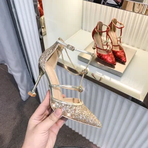 Scintillantes Doré Paillettes Chaussure De Mariée 2020 Bride Cheville 10 Cm Talons Aiguilles À Bout Pointu Mariage Talons