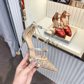Scintillantes Doré Paillettes Chaussure De Mariée 2020 Bride Cheville 10 Cm Talons Aiguilles À Bout Pointu Mariage Talons