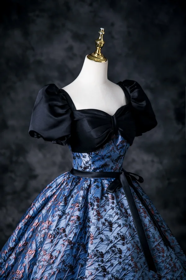 Vintage / Retro Navy Blue Printing Prom Dresses 2025 Ball Gown Square Neckline Puffy Short Sleeve Bow Sash Backless Floor-Length / Long Prom Formal Dresses
