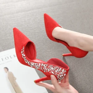 Mode Rouge Soirée Chaussures Femmes 2020 Faux Diamant 9 Cm Talons Aiguilles À Bout Pointu Talons