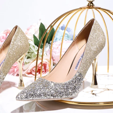 Sparkly Gold Sequins Wedding Shoes 2020 10 cm Stiletto Heels Pointed Toe Wedding Pumps