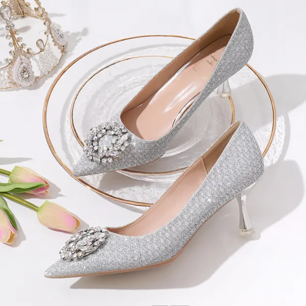Sparkly Silver Rhinestone Wedding Shoes 2020 Glitter Sequins 8 cm ...