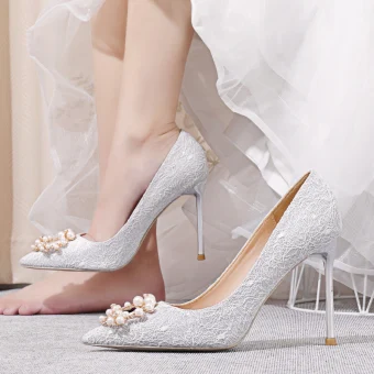 Charmant Argenté En Dentelle Chaussure De Mariée 2020 Perle Faux Diamant 10 Cm Talons Aiguilles À Bout Pointu Mariage Escarpins