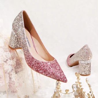 Scintillantes Dégradé De Couleur Fushia Chaussure De Mariée 2020 Glitter Paillettes 6 Cm Talons Épais À Bout Pointu Escarpins